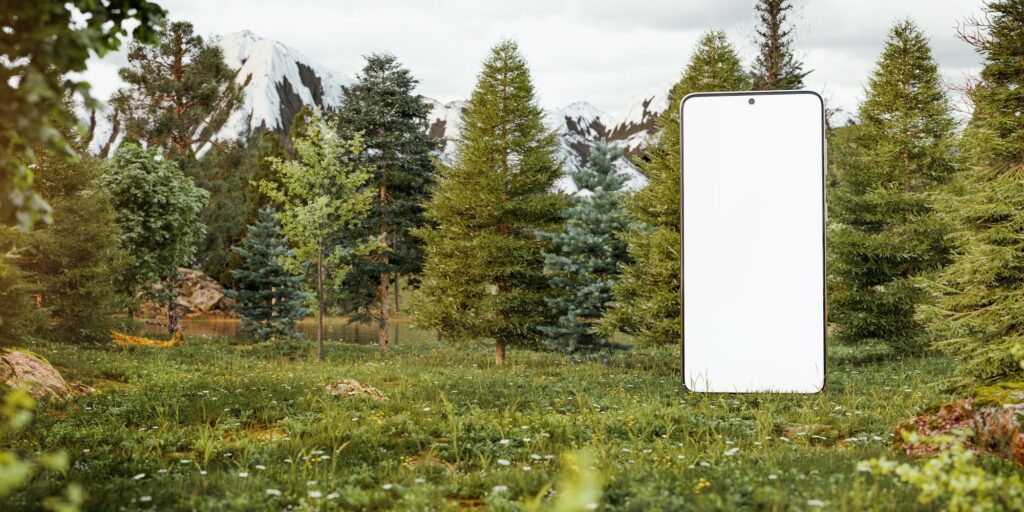 3d Illustration of Big Smartphone With White Screen in the Middle of Wild Forest.