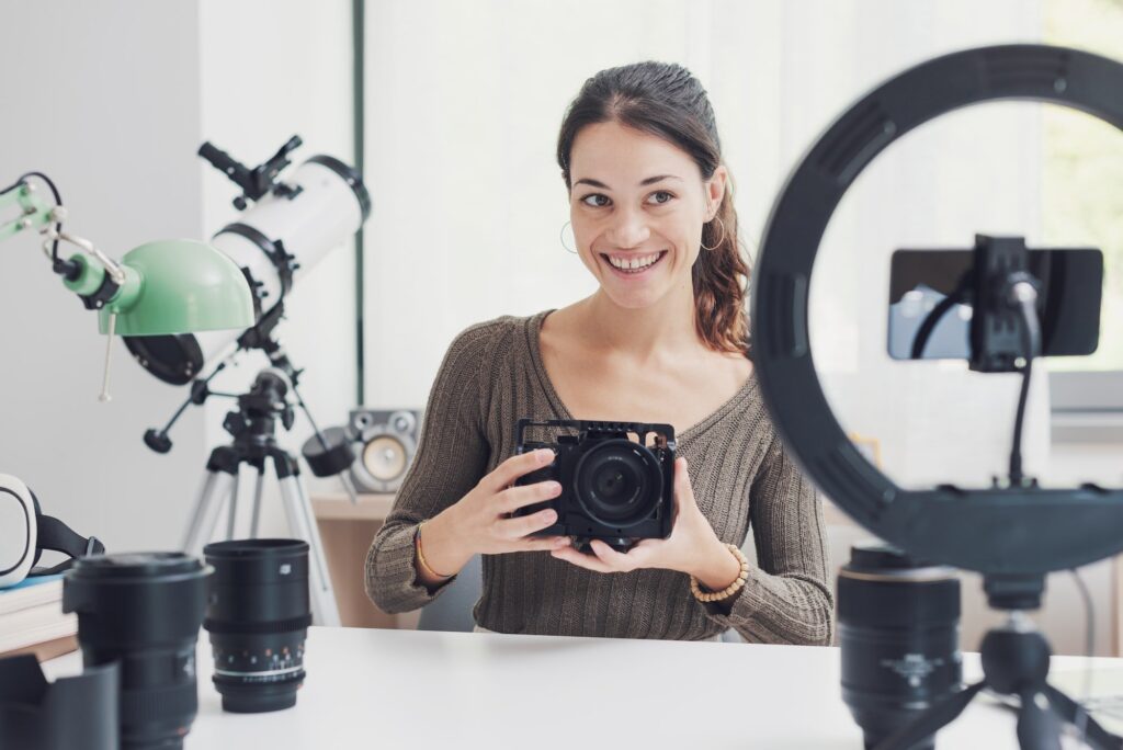 Content creator making a product review video for social media